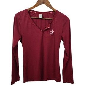 Calvin Klein Red Ribbed 1/4 Snap Front Long Sleeve Sleepshirt Medium Womens